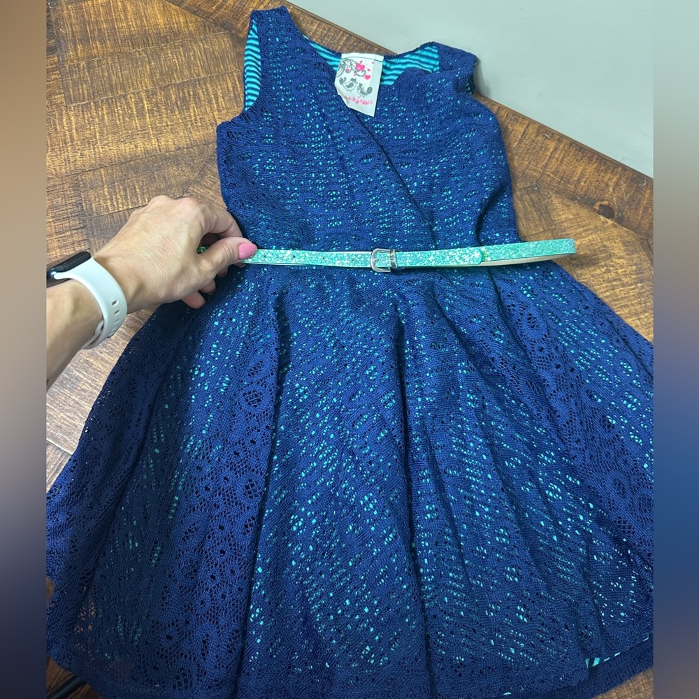 Jenna & Jessie Girls 5 Navy Blue‎ & Teal Dress w/ Sparkle Belt